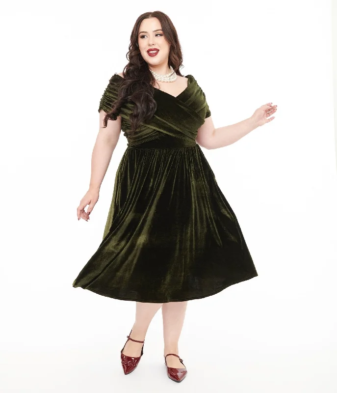  Unique Vintage Plus Size 1950s Olive Green Shirred Velvet Swing Dress