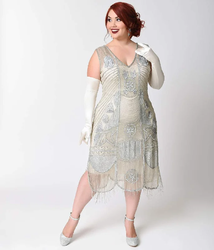  Unique Vintage Plus Size 1920s Style Silver Hand Beaded Fringe Bosley Flapper Dress