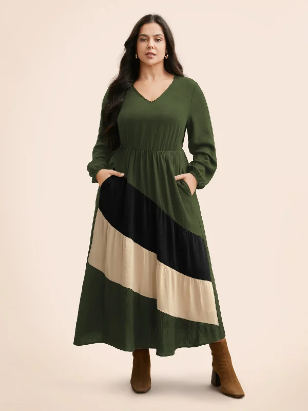 Everyday Dress with Printed Bodice and Solid - color Skirt for a Balanced Look Colorblock Contrast Gathered Lantern Sleeve Dress Everyday Dress with Printed Bodice and Solid - color Skirt for a Balanced Look Colorblock Contrast Gathered Lantern Sleeve Dress