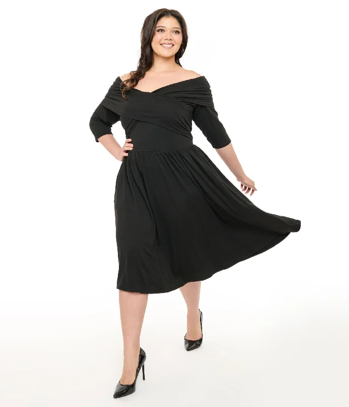  Unique Vintage Plus Size Black Shirred Off Shoulder Swing Dress