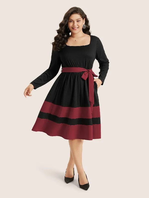 Everyday Dress with Removable Accessories for Customization Two Tone Belted Bowknot Square Neck Dress Everyday Dress with Removable Accessories for Customization Two Tone Belted Bowknot Square Neck Dress