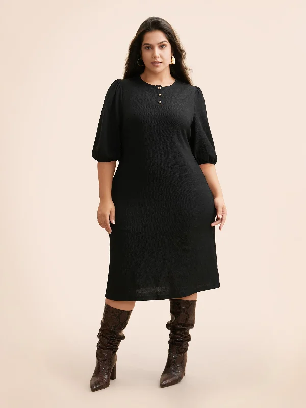  Texture Button Up Puff Sleeve Dress