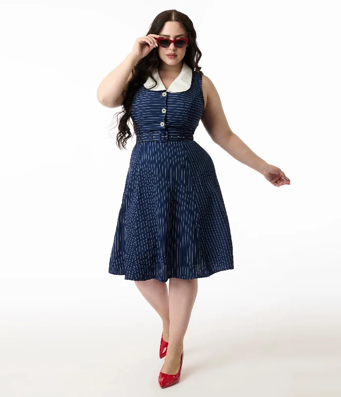  Hell Bunny 1950s Navy & White Pinstripe Sailor Dress