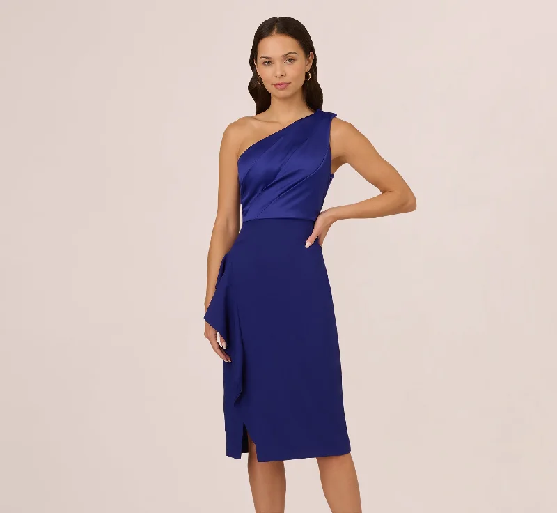Midi dresses with denim fabric for a casual yet stylish day out One Shoulder Ruffle Midi Sheath Dress In Dark Blue Violet Midi dresses with denim fabric for a casual yet stylish day out One Shoulder Ruffle Midi Sheath Dress In Dark Blue Violet
