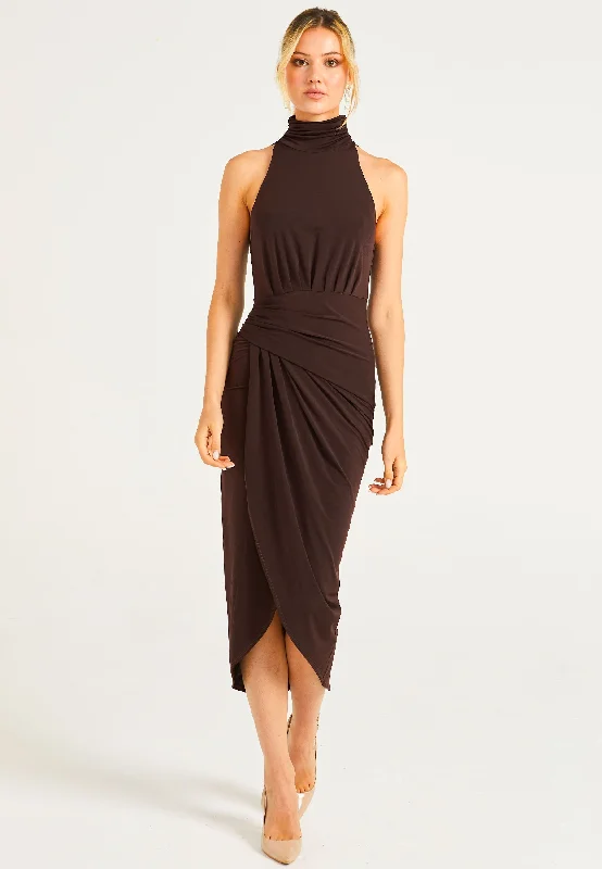 Midi dresses with ruffled sleeves for a more feminine and voluminous look Angeleye Halter Neck Faux Wrap Dress In Chocolate Brown Midi dresses with ruffled sleeves for a more feminine and voluminous look Angeleye Halter Neck Faux Wrap Dress In Chocolate Brown