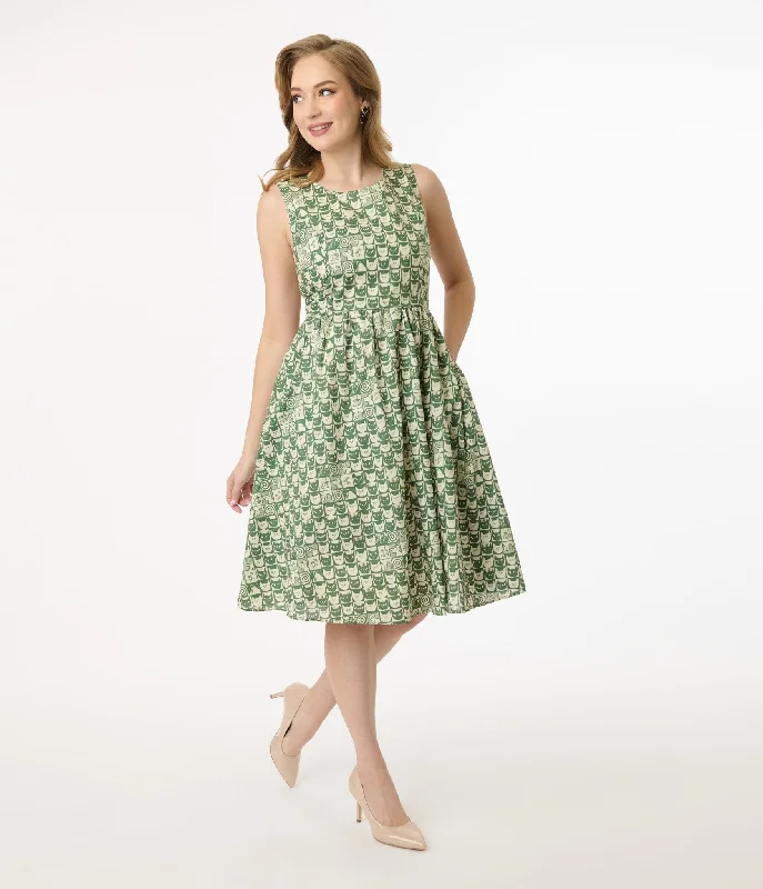  Green Cat Stamp Check Cotton Swing Dress