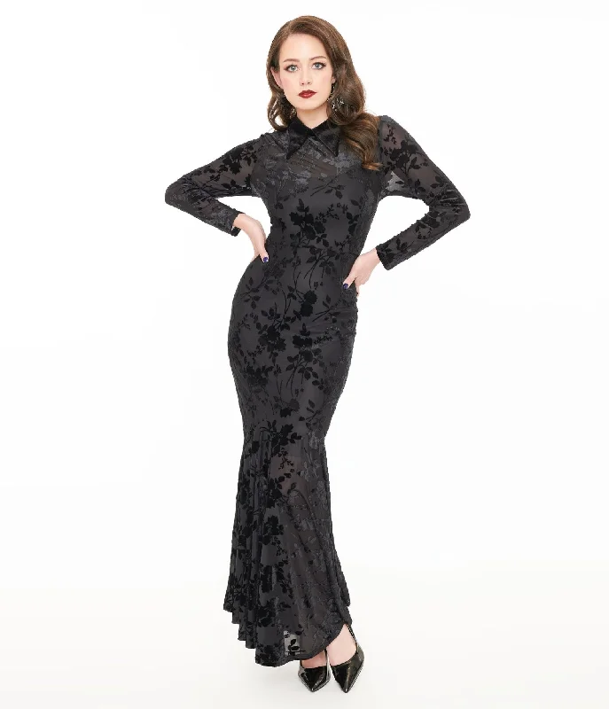 Everyday Dress with Striped Pattern for a Timeless Style Witchwood Bags Black Sheer Velvet Flocked Floral Ophelia Maxi Mermaid Dress Everyday Dress with Striped Pattern for a Timeless Style Witchwood Bags Black Sheer Velvet Flocked Floral Ophelia Maxi Mermaid Dress