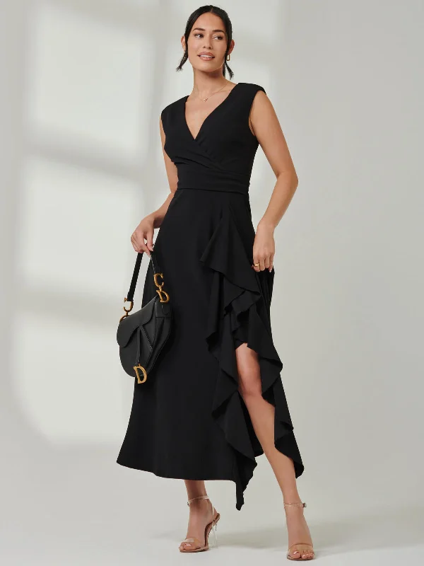 Midi dresses with pleated skirts for a timeless and elegant appeal Wrap Front Frill Detail Maxi Dress, Black Midi dresses with pleated skirts for a timeless and elegant appeal Wrap Front Frill Detail Maxi Dress, Black