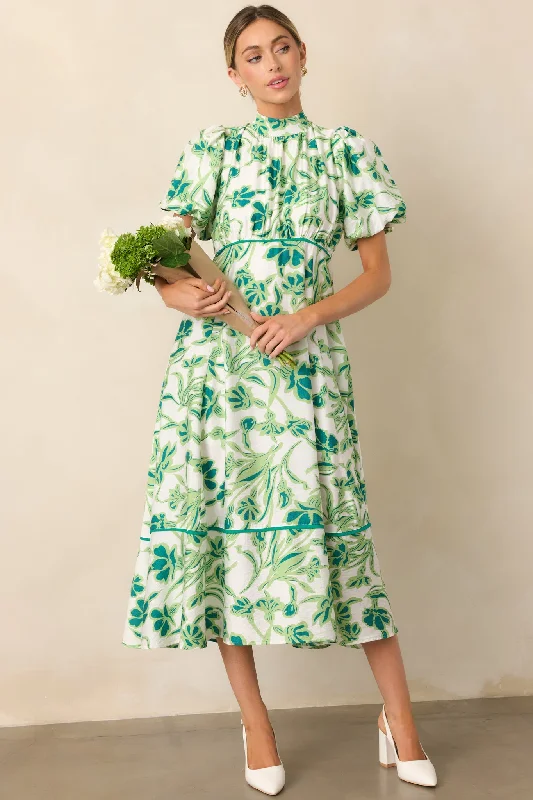 Anti - Wrinkle Casual Dresses for Easy Maintenance Blooming Season Green Floral Puff Sleeve Midi Dress Anti - Wrinkle Casual Dresses for Easy Maintenance Blooming Season Green Floral Puff Sleeve Midi Dress