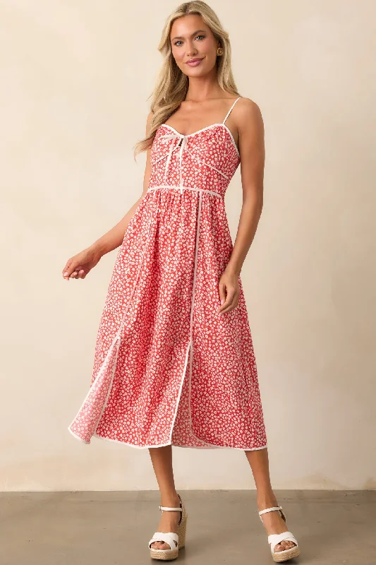 Zip - Front Casual Dresses for Easy On and Off Memories Being Made Red Floral Sleeveless Midi Dress Zip - Front Casual Dresses for Easy On and Off Memories Being Made Red Floral Sleeveless Midi Dress