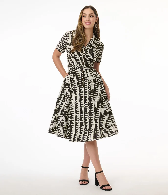 Everyday Dress with Embroidered Patches for a Bohemian Look Royal Monk Cream & Black Scalloped Stripes Cotton Swing Dress Everyday Dress with Embroidered Patches for a Bohemian Look Royal Monk Cream & Black Scalloped Stripes Cotton Swing Dress