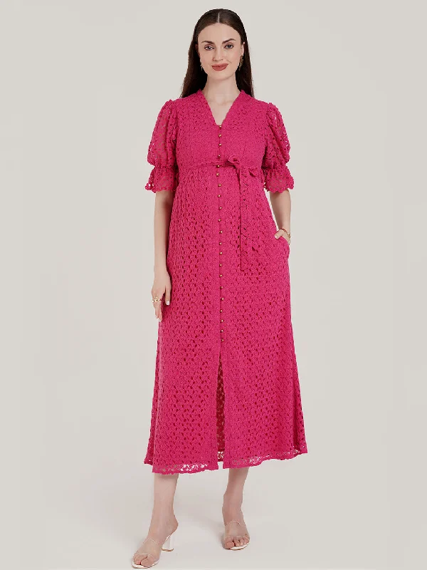 Maternity dress for maternity yoga classes Pink Lace Maternity Long Dress