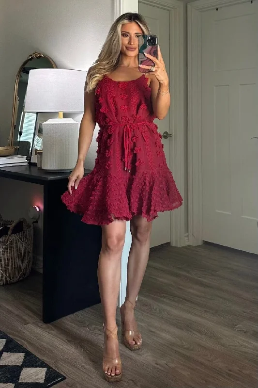 Midi Casual Dresses in Trendy Patterns​ Adelynn Floral Applique Dress: Burgundy