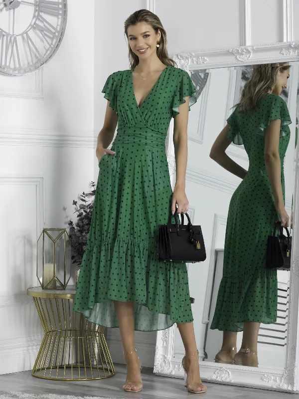 Midi dresses with gathered skirts for a full and flowing silhouette Leena Mesh Cap Sleeve Tiered Maxi Dress, Green Polka Midi dresses with gathered skirts for a full and flowing silhouette Leena Mesh Cap Sleeve Tiered Maxi Dress, Green Polka