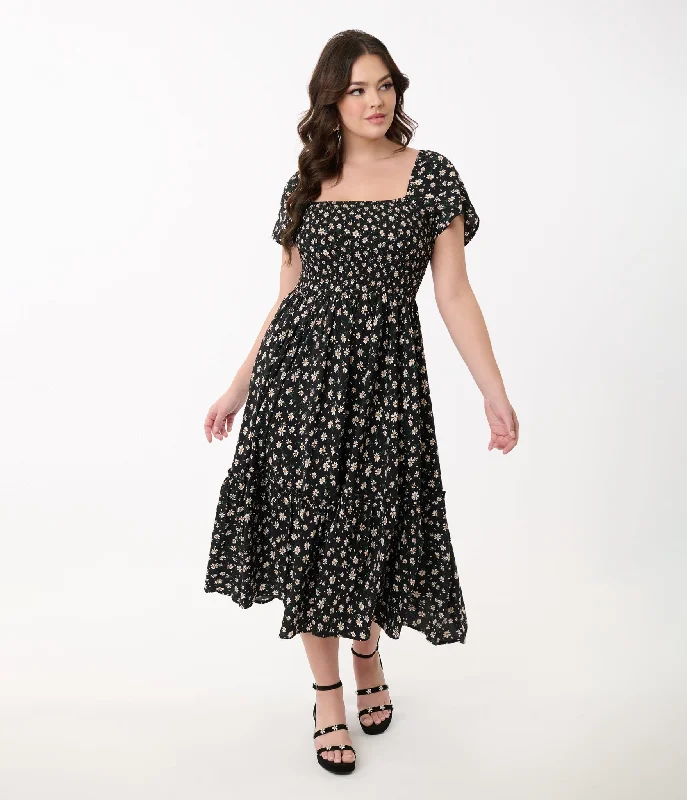 Everyday Dress with Organic Cotton for Eco - conscious Consumers Unique Vintage 1960s Black & White Ditsy Floral Smocked Bodice Midi Dress Everyday Dress with Organic Cotton for Eco - conscious Consumers Unique Vintage 1960s Black & White Ditsy Floral Smocked Bodice Midi Dress