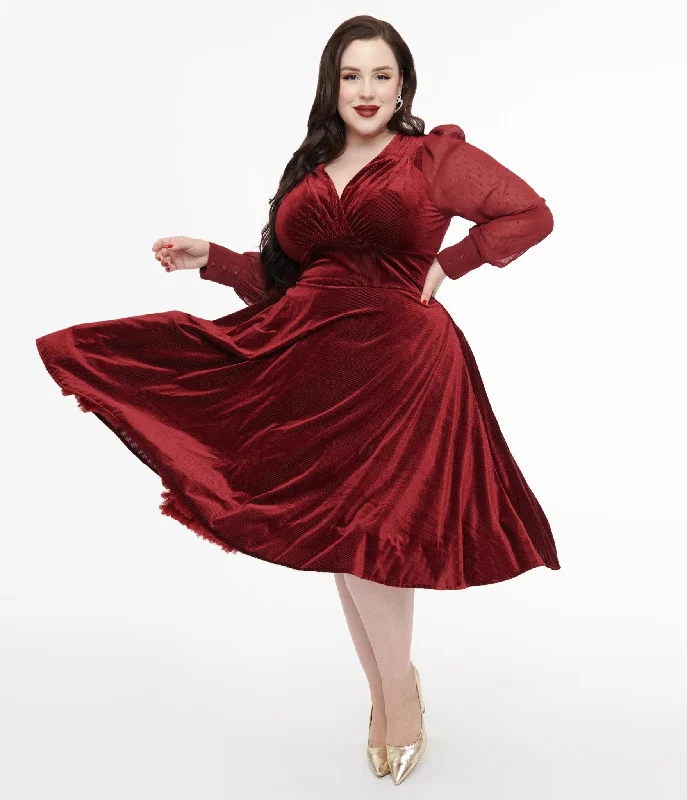 Everyday Dress with Coordinating Belt for a Polished Ensemble Unique Vintage Plus Size 1950s Berry Velvet Sheer Sleeve Delores Swing Dress Everyday Dress with Coordinating Belt for a Polished Ensemble Unique Vintage Plus Size 1950s Berry Velvet Sheer Sleeve Delores Swing Dress