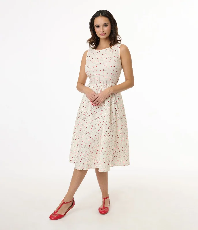 Everyday Dress with Shiny Metallic Thread for a Festive Feel Retrolicious 1950s White & Red Heart Cotton Be Mine Swing Dress Everyday Dress with Shiny Metallic Thread for a Festive Feel Retrolicious 1950s White & Red Heart Cotton Be Mine Swing Dress