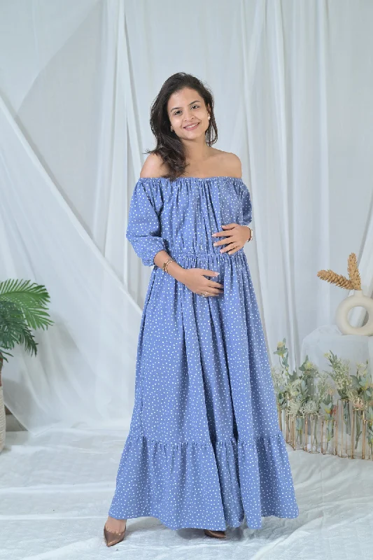 Maternity dress for a baby's first visit to the park playground Sea Blue Polka Off-Shoulder Maternity & Nursing Maxi Dress Maternity dress for a baby's first visit to the park playground Sea Blue Polka Off-Shoulder Maternity & Nursing Maxi Dress