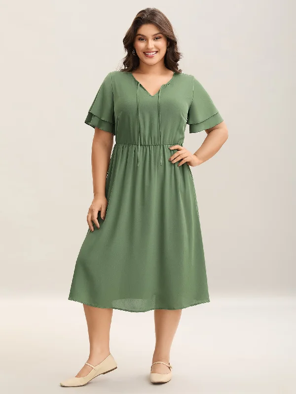 Everyday Dress with Personalized Embroidery for a One - of - a - Kind Look Split Neck Tie Layered Sleeve Midi Dress Everyday Dress with Personalized Embroidery for a One - of - a - Kind Look Split Neck Tie Layered Sleeve Midi Dress
