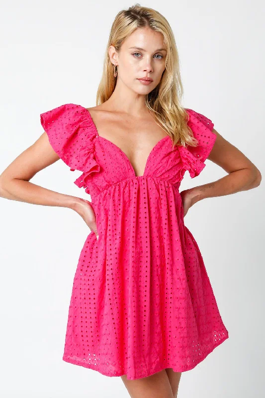 Solid Color Casual Dresses in Earth Tones​ Ramona Fuchsia Eyelet Mini Dress