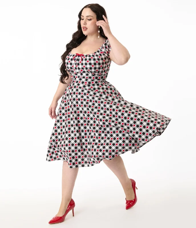  Hell Bunny 1950s Black & White Gingham Hearts Cotton Swing Dress