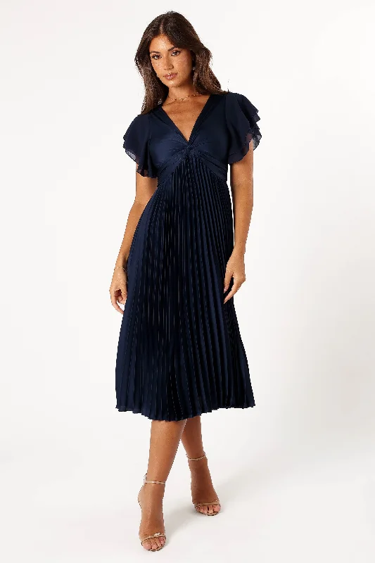Midi dresses with ruched bodices for a feminine and fitted feel Nova Flutter Sleeve Midi Dress - Navy