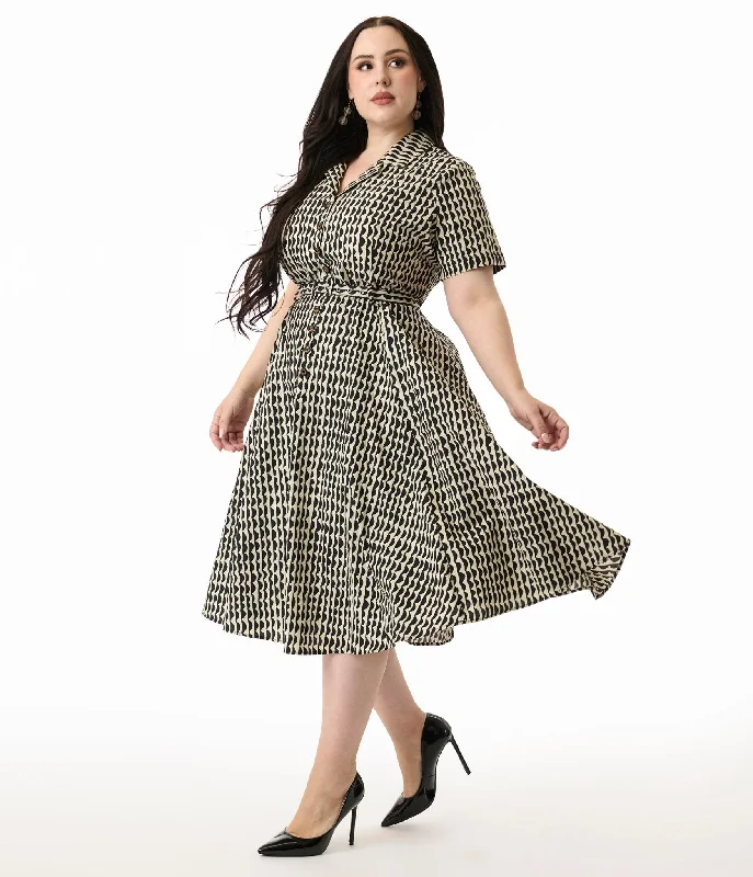  Royal Monk Plus Size Cream & Black Scalloped Stripes Cotton Swing Dress