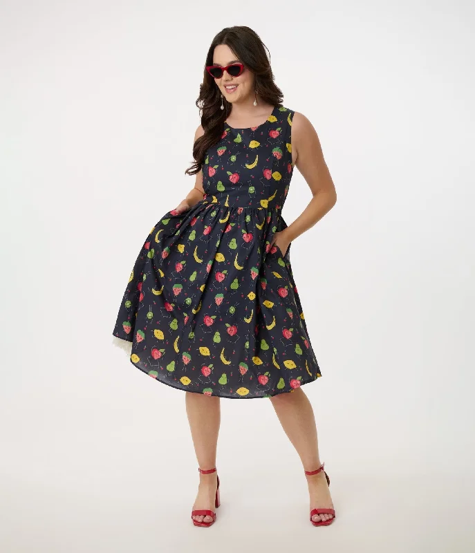  1950s Navy & Fruit Print Sleeveless Cotton Swing Dress