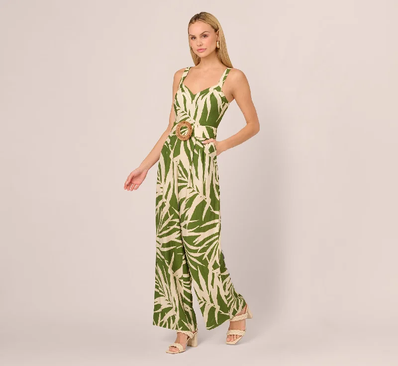 Everyday Dress with Spaghetti Straps for a Delicate Look Sleeveless Palm Leaf Wide Leg Jumpsuit In Green Ivory Everyday Dress with Spaghetti Straps for a Delicate Look Sleeveless Palm Leaf Wide Leg Jumpsuit In Green Ivory