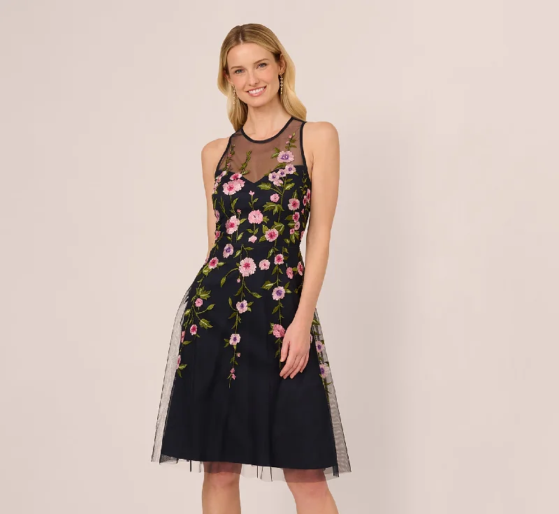 Midi dresses with keyhole backs for a flirty and unexpected detail Floral Embroidered Illusion Midi Dress In Midnight Multi Midi dresses with keyhole backs for a flirty and unexpected detail Floral Embroidered Illusion Midi Dress In Midnight Multi