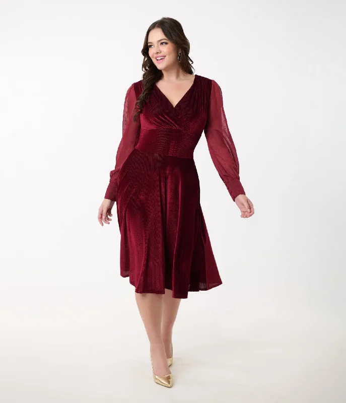 Everyday Dress with Hidden Pockets for Practicality Unique Vintage 1950s Berry Velvet Sheer Sleeve Delores Swing Dress Everyday Dress with Hidden Pockets for Practicality Unique Vintage 1950s Berry Velvet Sheer Sleeve Delores Swing Dress