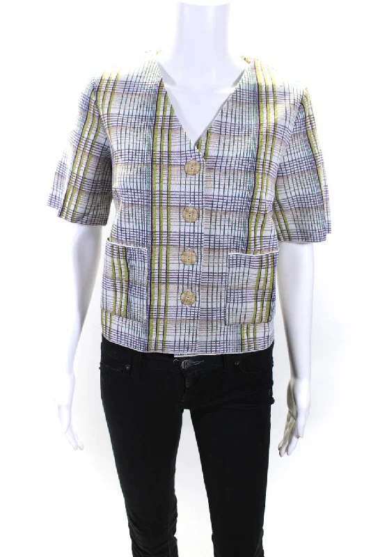 Catherine Andre Womens Short Sleeve Knit Plaid V Neck Jacket Green White Small