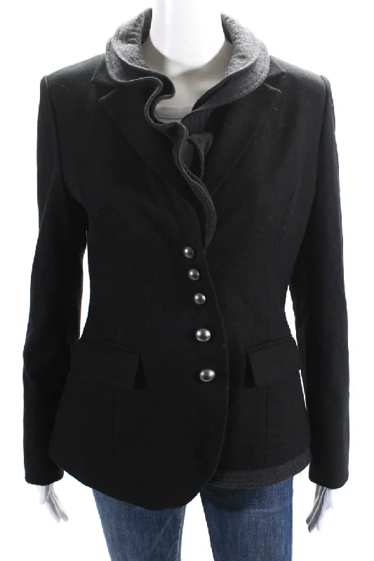 Jaeyoon Jeong Womens Ruffled Layered Button Down Jacket Black Wool