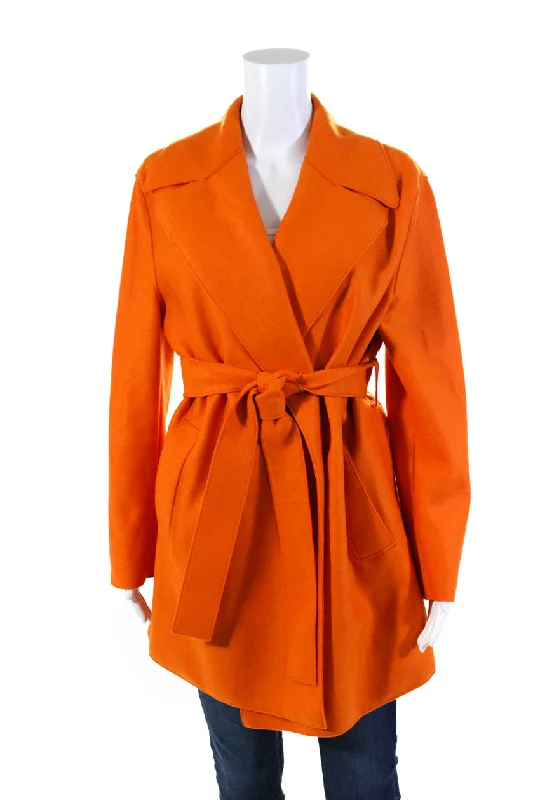 Sharis Place Womens Belted Collared V Neck Coat Orange Wool