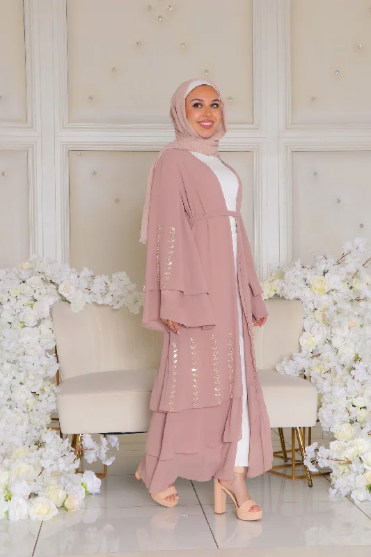 boyfriend style women cardigan for a relaxed fitAmor Chiffon Layered Abaya- Rose Pink boyfriend style women cardigan for a relaxed fitAmor Chiffon Layered Abaya- Rose Pink