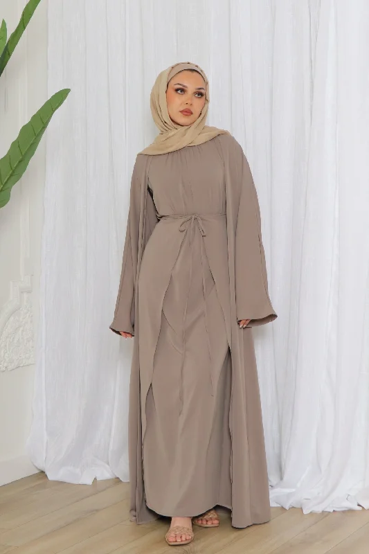 button down women cardigan with vintage buttonsAurora Tie Abaya Set- Taupe