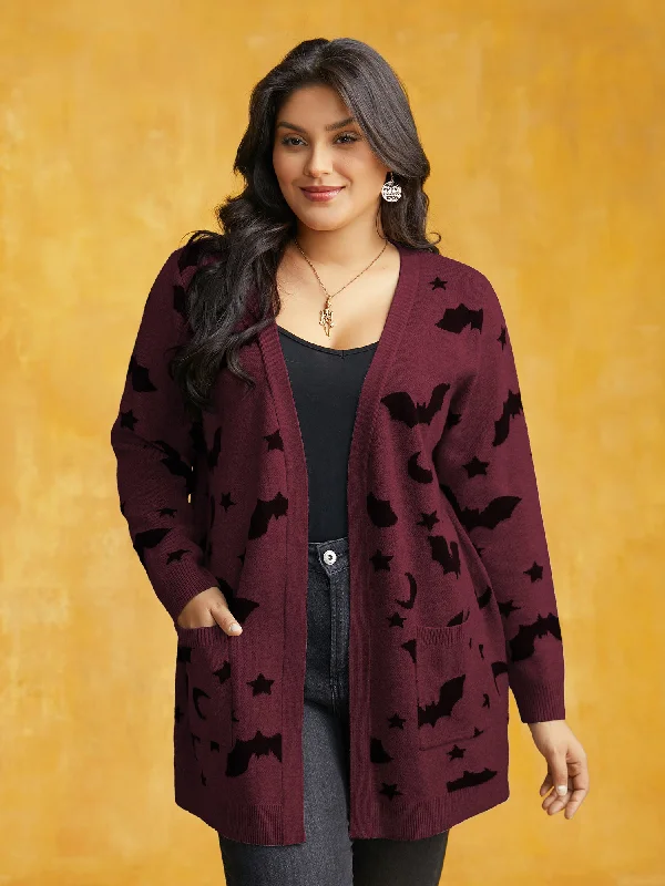 v neck women cardigan to elongate the necklineBat Printed Jacquard Cardigan