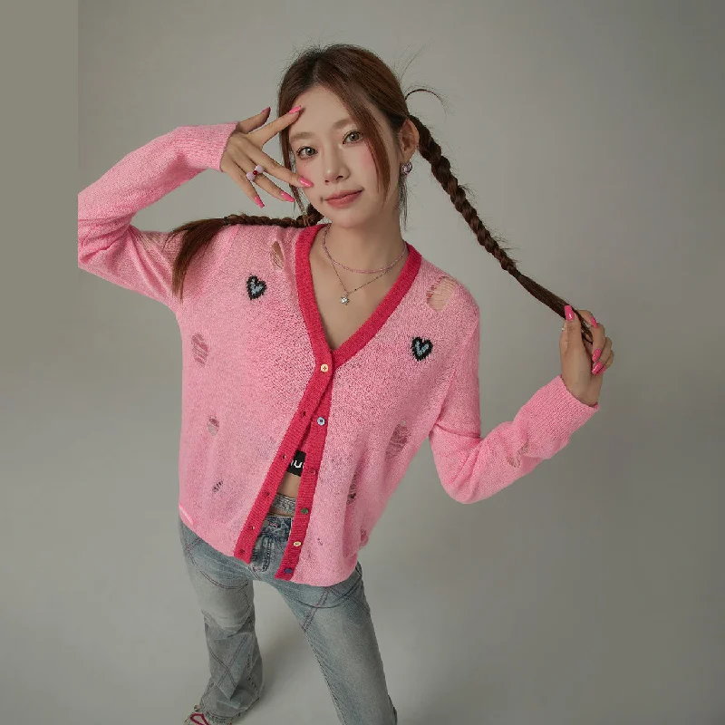 v neck women cardigan to elongate the necklineDistressed Heart Icon Rainbow Buttons Cardigan v neck women cardigan to elongate the necklineDistressed Heart Icon Rainbow Buttons Cardigan