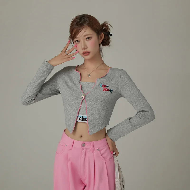 button down women cardigan with vintage buttonsLogo Embroidered Ruffle Cardigan