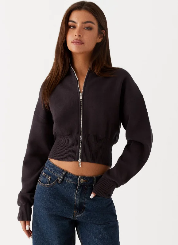 cable knit women cardigan with intricate patternsEpisode High Neck Cardigan - Charcoal cable knit women cardigan with intricate patternsEpisode High Neck Cardigan - Charcoal