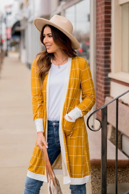 hand knitted women cardigan with artisanal charmGrid Trimmed Tunic Cardigan