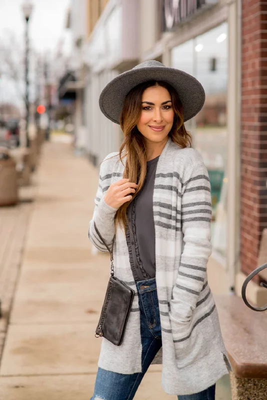 cashmere blend women cardigan for a luxurious feelLight Grey Striped Cardigan