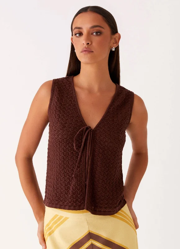 machine washable women cardigan for easy careLillie Knit Tie Vest Top - Chocolate