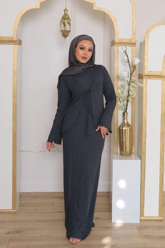 open front women cardigan for easy stylingLina Ribbed Maxi Set- Gray