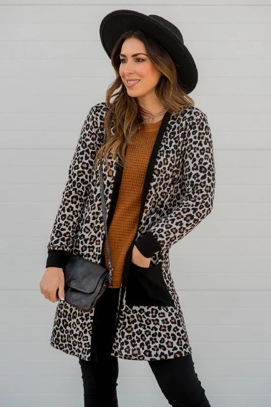 lightweight women cardigan for spring and fallMini Leopard Solid Trim Tunic Cardigan lightweight women cardigan for spring and fallMini Leopard Solid Trim Tunic Cardigan