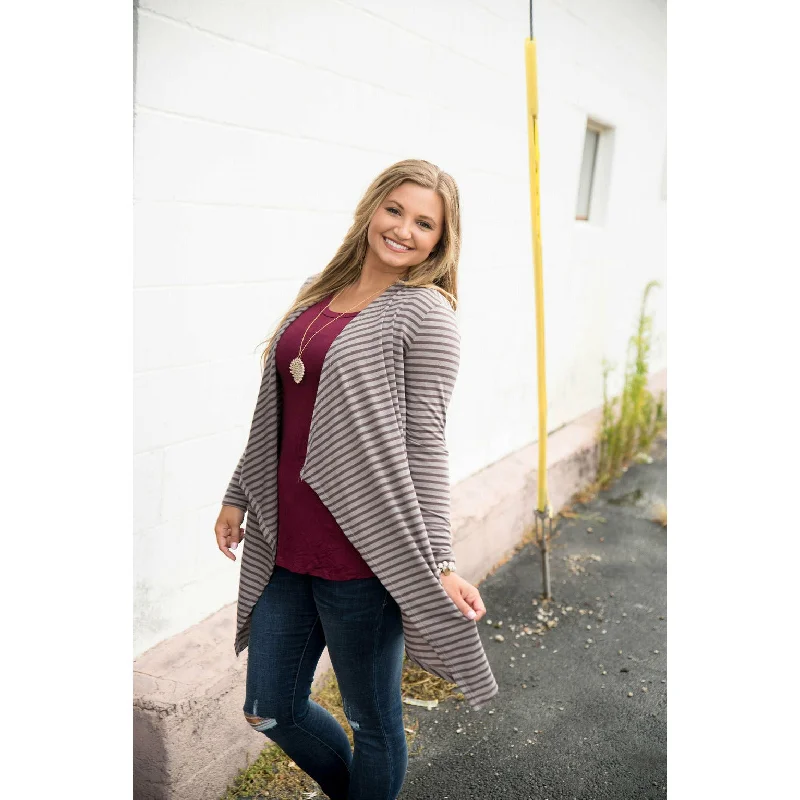 machine washable women cardigan for easy careMocha Striped Waterfall Cardigan