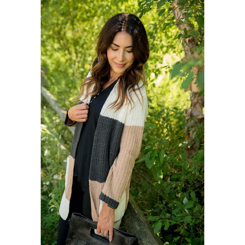 open front women cardigan for easy stylingNeutral Color Blocked Knit Cardigan