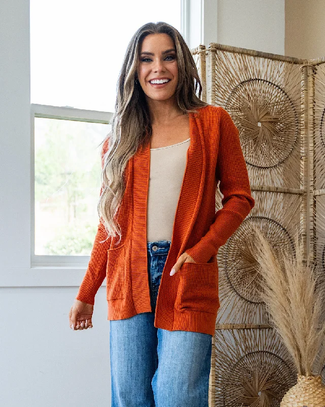 color block women cardigan with bold huesIris Open Front Cardigan - Copper