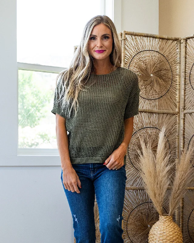 cable knit women cardigan with intricate patternsJosslyn Open Weave Top - Olive