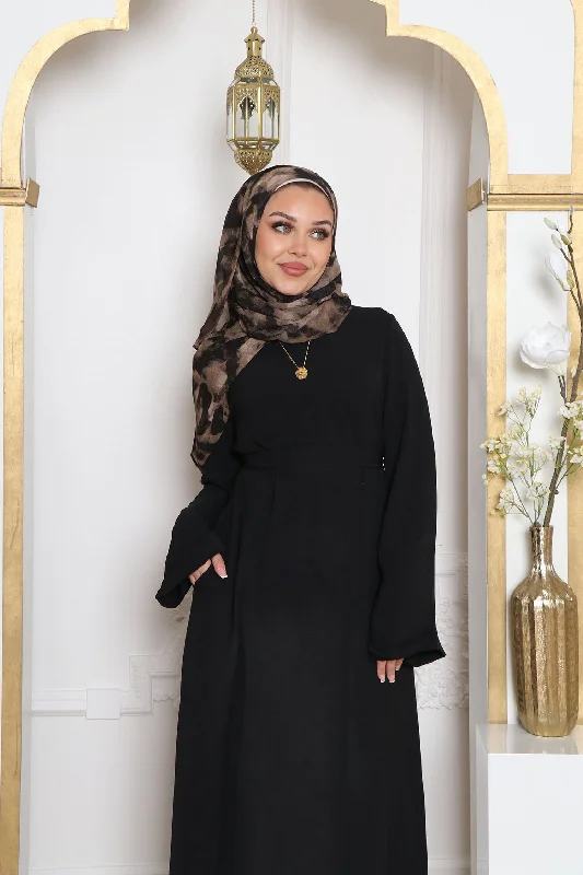 ribbed women cardigan with a classic textureNila Textured Essential Abaya- Black